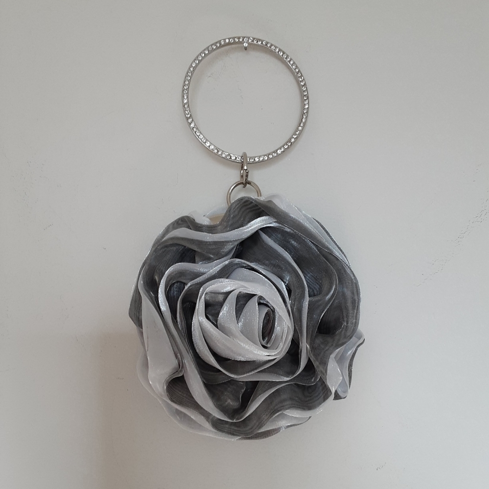 Glittery Silver Gray Rose Petal Cocktail Clutch with Rhinestone Round Handle